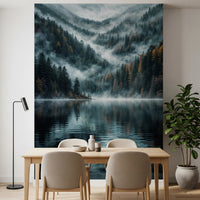 Mystic Lake Reflections wallpaper mural behind a wood dining table with beige chairs and a tall potted plant