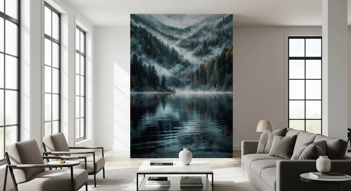 Mystic Lake Reflections wallpaper mural behind a grey sofa and armchairs in a sunlit living room