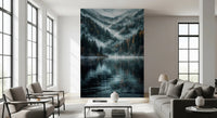 Mystic Lake Reflections wallpaper mural behind a grey sofa and armchairs in a sunlit living room