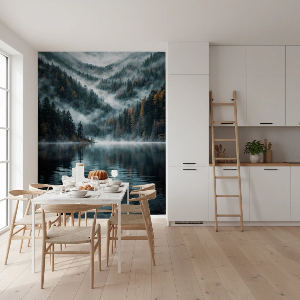Mystic Lake Reflections wallpaper mural behind a white dining table and wishbone chairs in a white kitchen