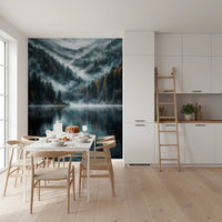 Mystic Lake Reflections wallpaper mural behind a white dining table and wishbone chairs in a white kitchen