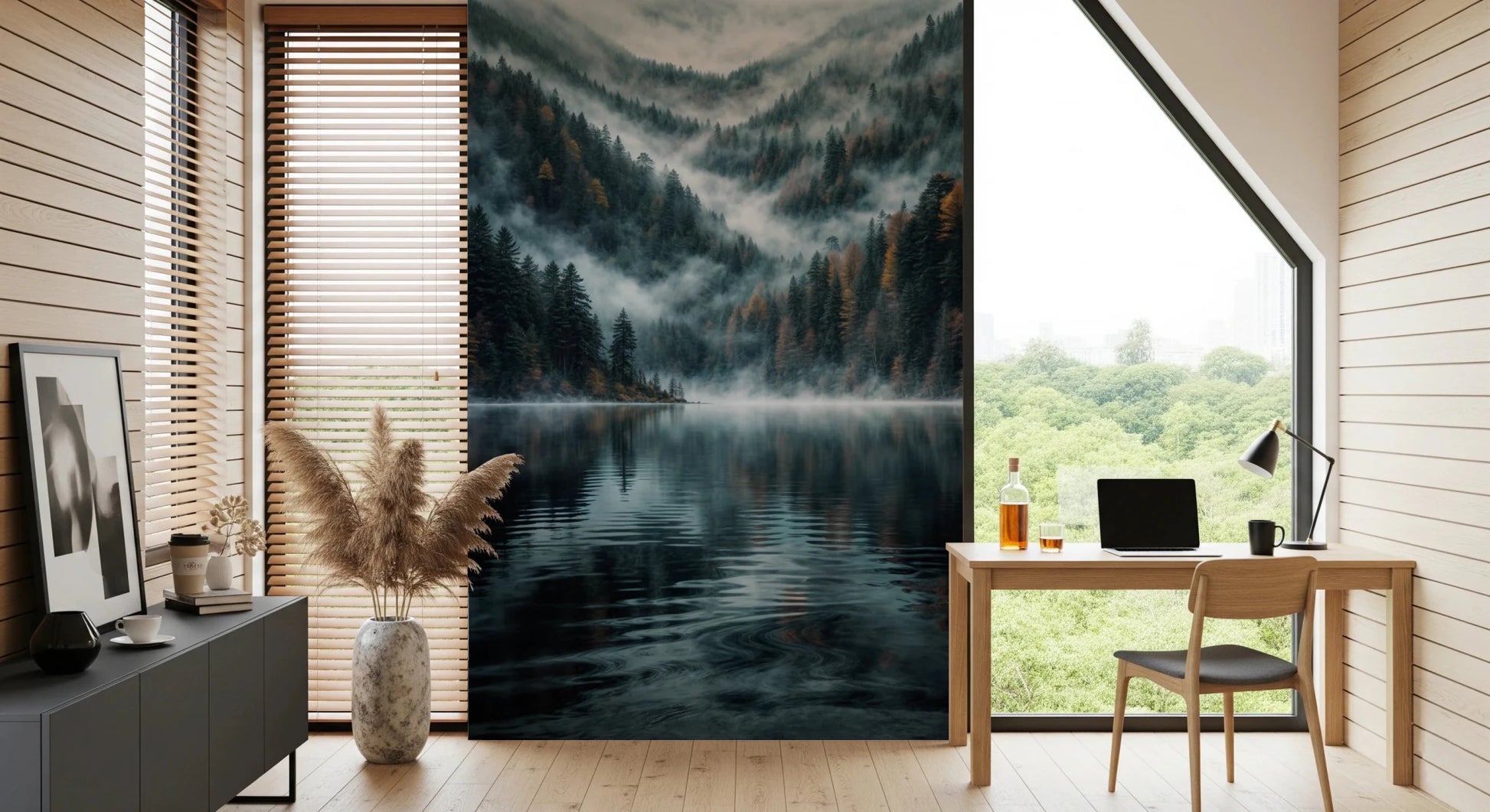 Mystic Lake Reflections wallpaper mural beside a wood desk and laptop in a home office with garden views