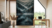 Mystic Lake Reflections wallpaper mural beside a wood desk and laptop in a home office with garden views