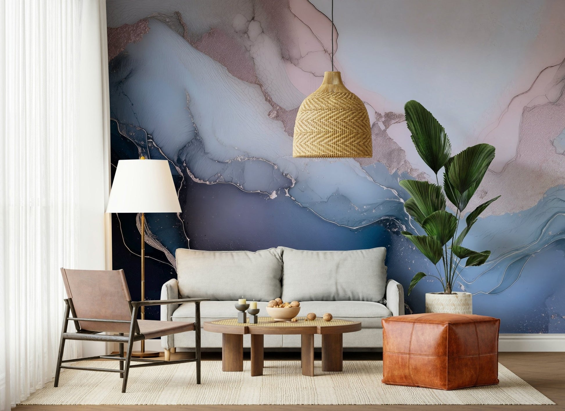 Artistic mineral wall mural in shades of navy, indigo, and silver for a calm, elegant interior.