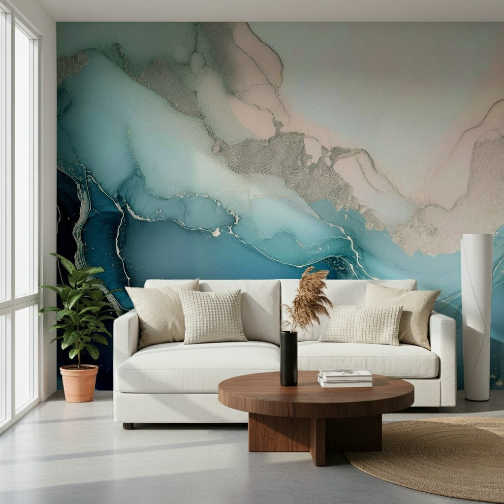 Mystic Mineral Layers wallpaper mural in teal ink behind a white sofa, fiddle-leaf plant and walnut coffee table