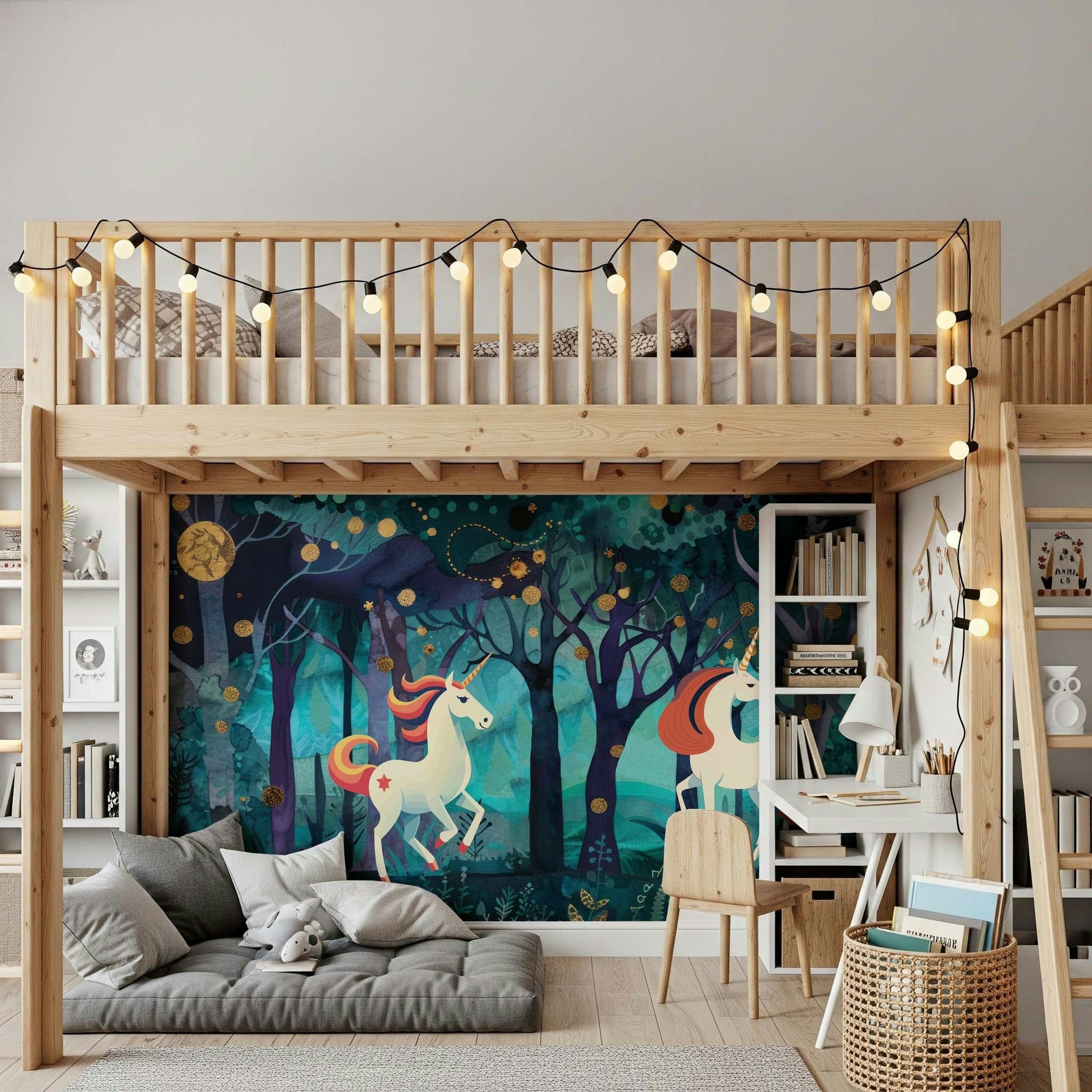 Soft pink unicorn wallpaper for a small flat bedroom project.