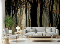 Shadowy forest art, ethereal light shafts, captivating Mystic Woods theme.