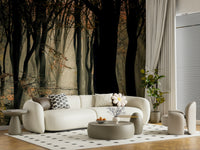 Silhouetted wall mural, autumn forest light, spectacular Mystic Woods print.