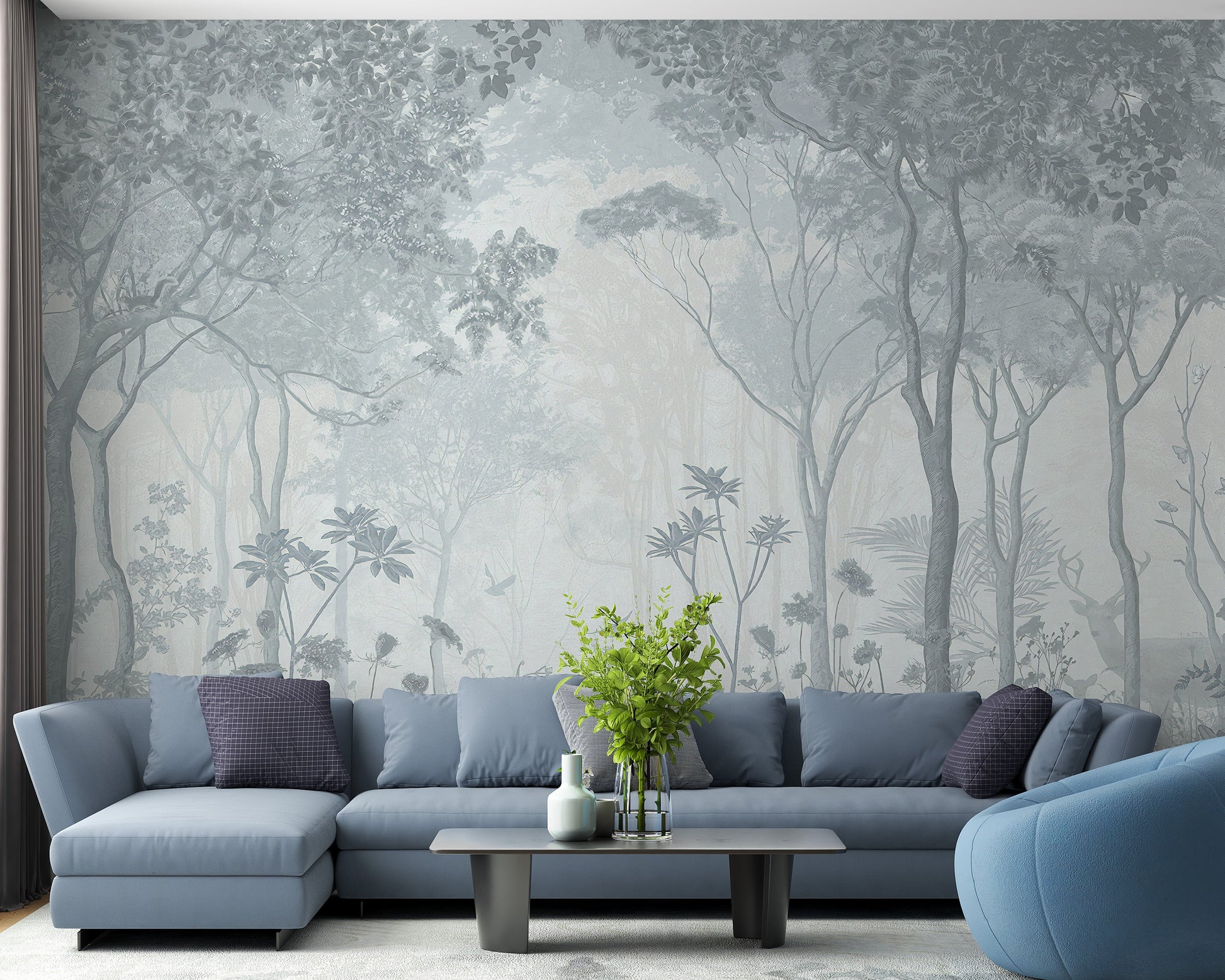 Fog-filled forest wallpaper mural design
