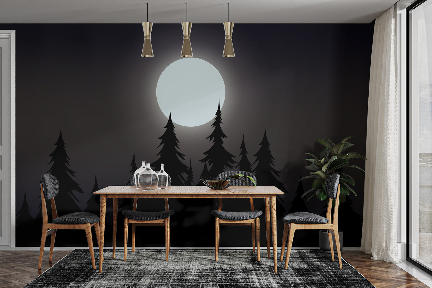 Mystical Moonlit Forest wallpaper with a glowing moon over black pines behind a dining table and grey chairs
