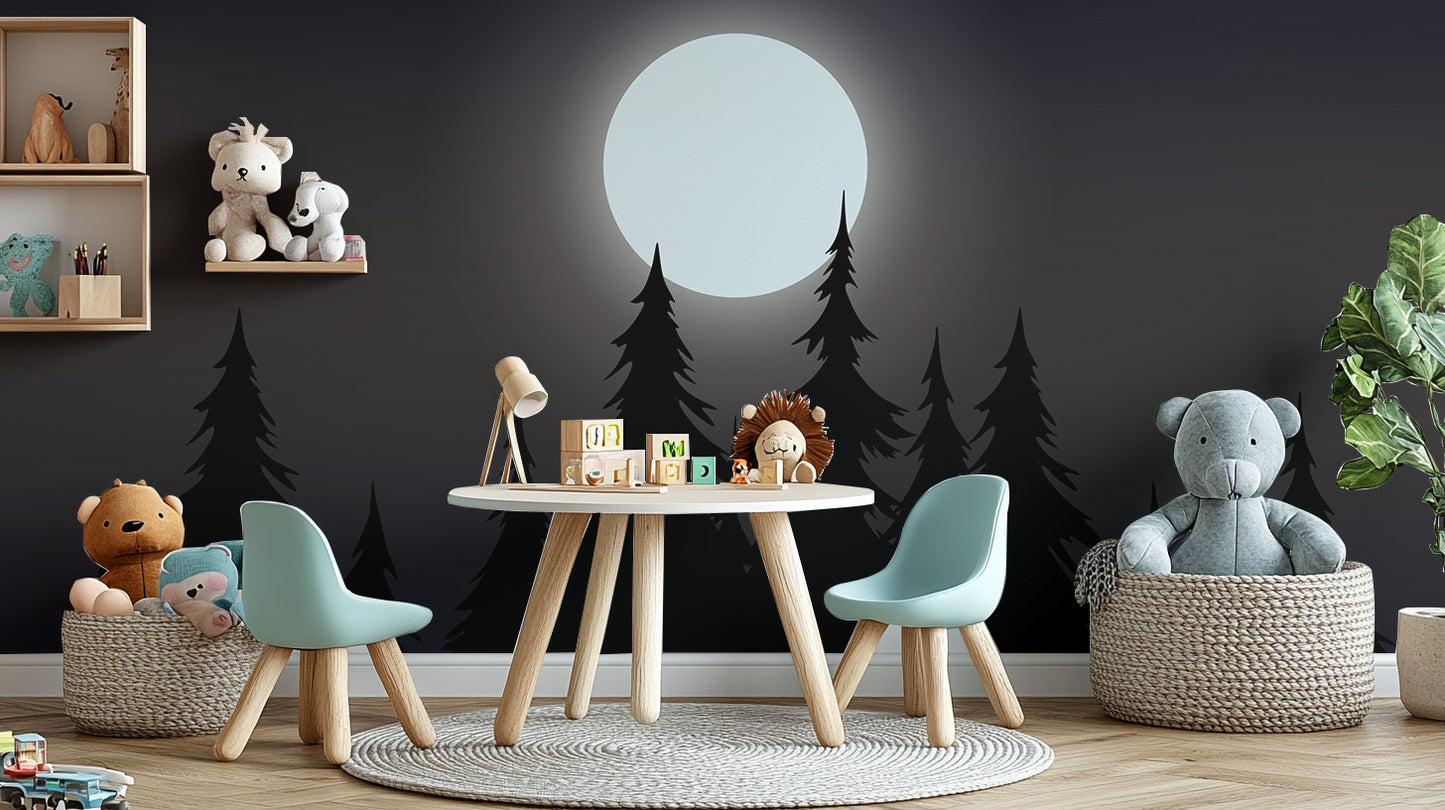 Mystical Moonlit Forest wallpaper with moon and black pines in a kids playroom with teddy bears and toys