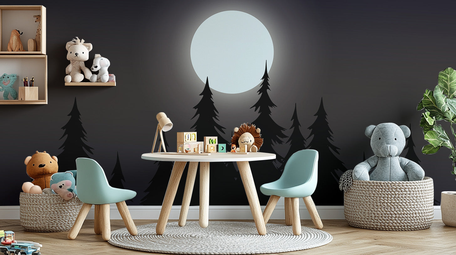 Mystical Moonlit Forest wallpaper with moon and black pines in a kids playroom with teddy bears and toys