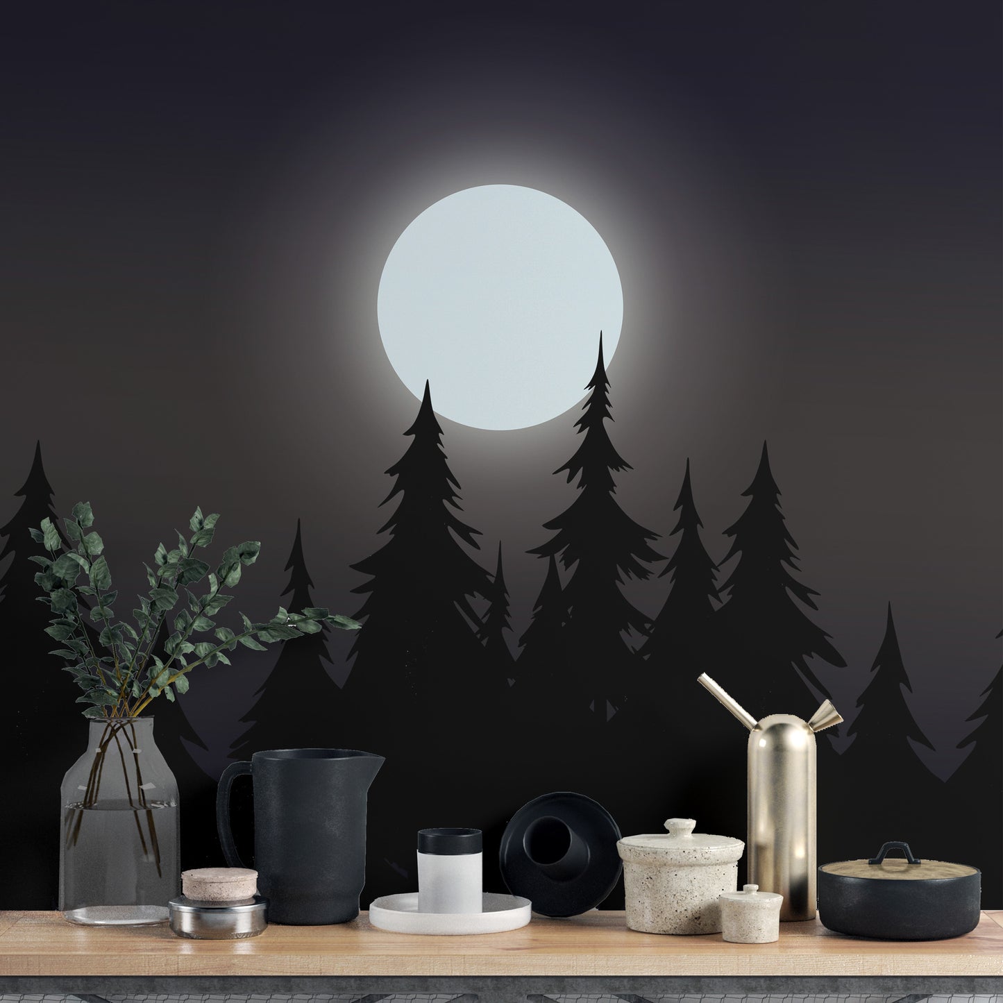 Mystical Moonlit Forest wallpaper close-up of the glowing moon and black pine silhouettes above a styled shelf