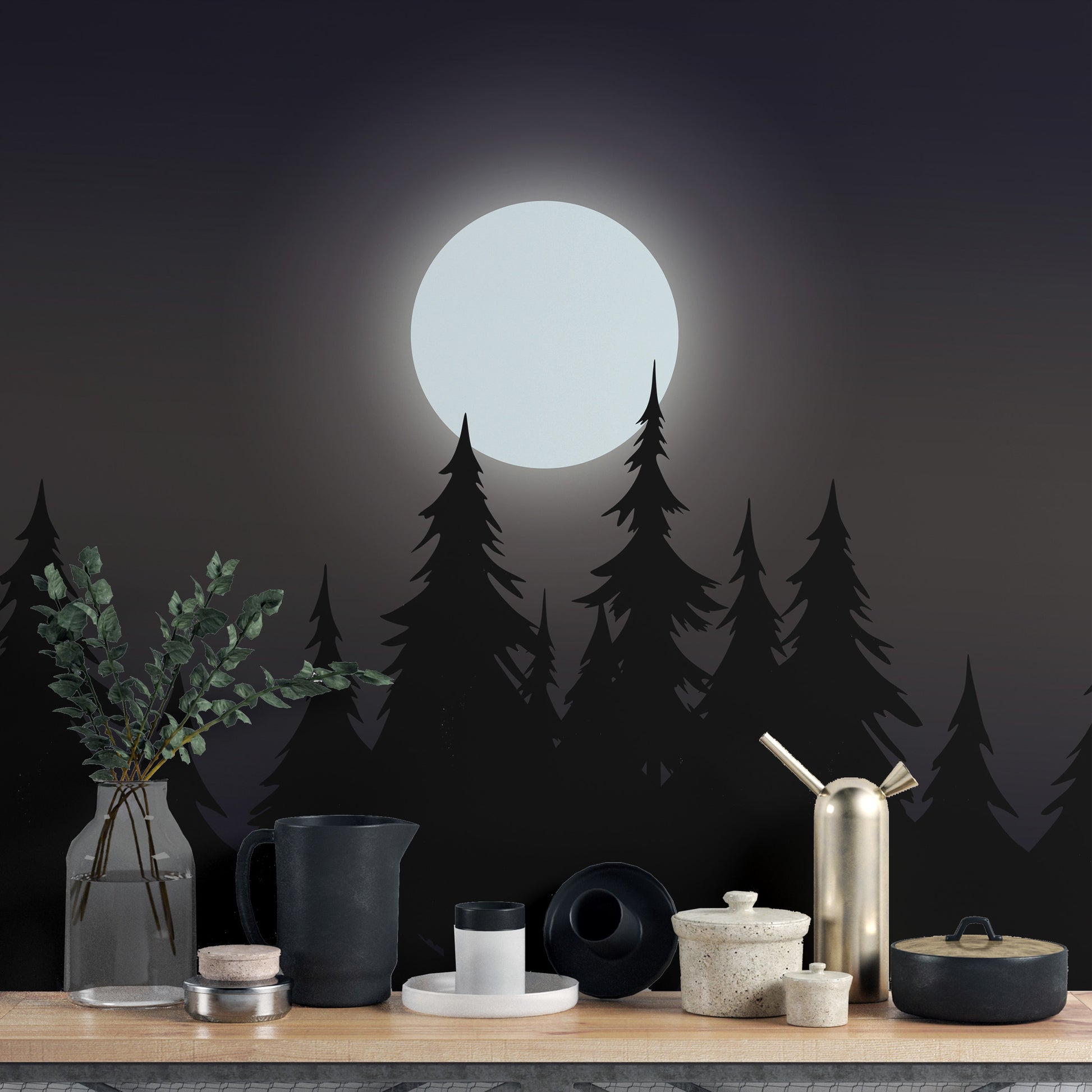 Mystical Moonlit Forest wallpaper close-up of the glowing moon and black pine silhouettes above a styled shelf