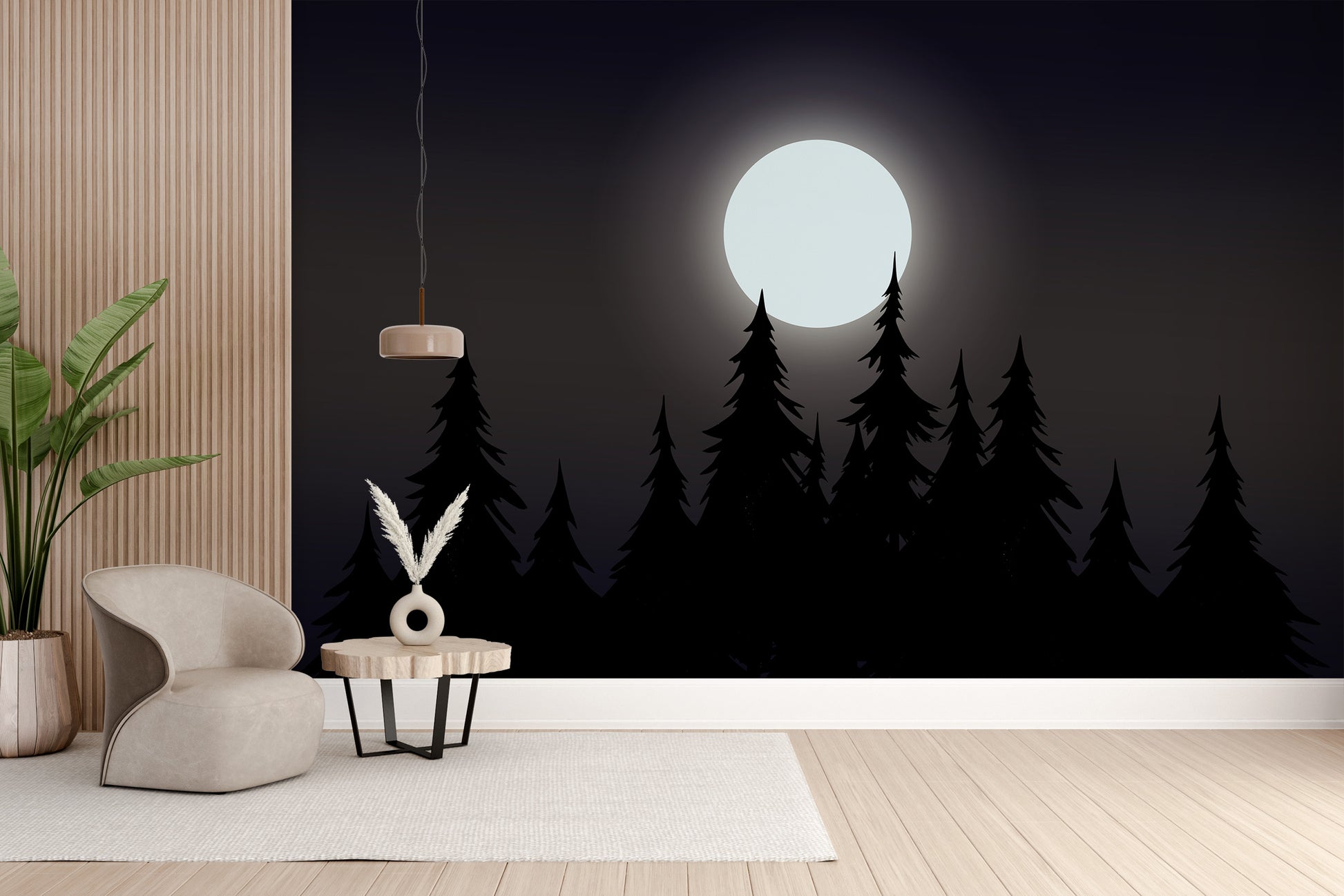 Mystical Moonlit Forest wallpaper with a bright moon and black pines behind a cream armchair in a living room