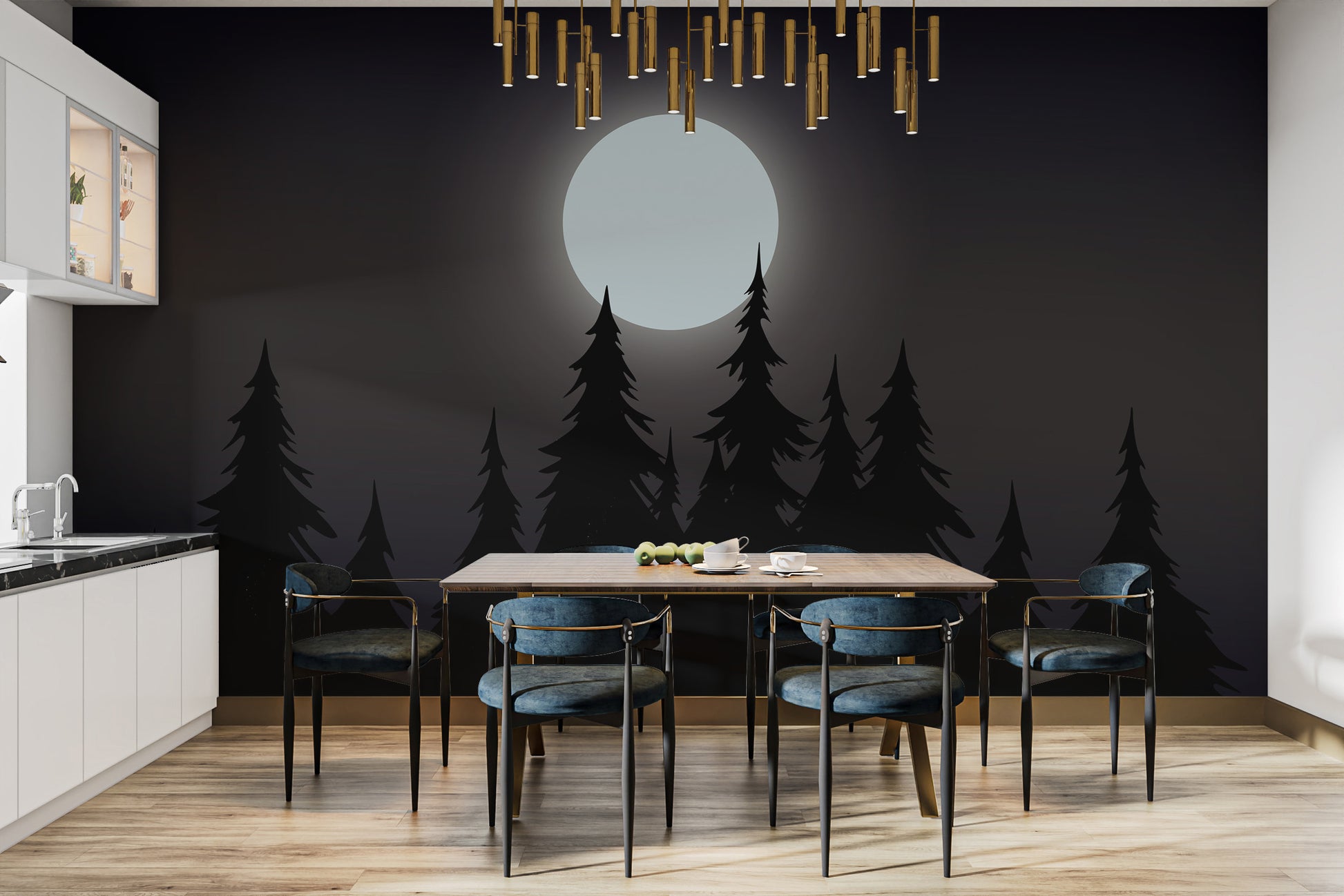 Mystical Moonlit Forest wallpaper with glowing moon over black pines behind a dining table and blue chairs
