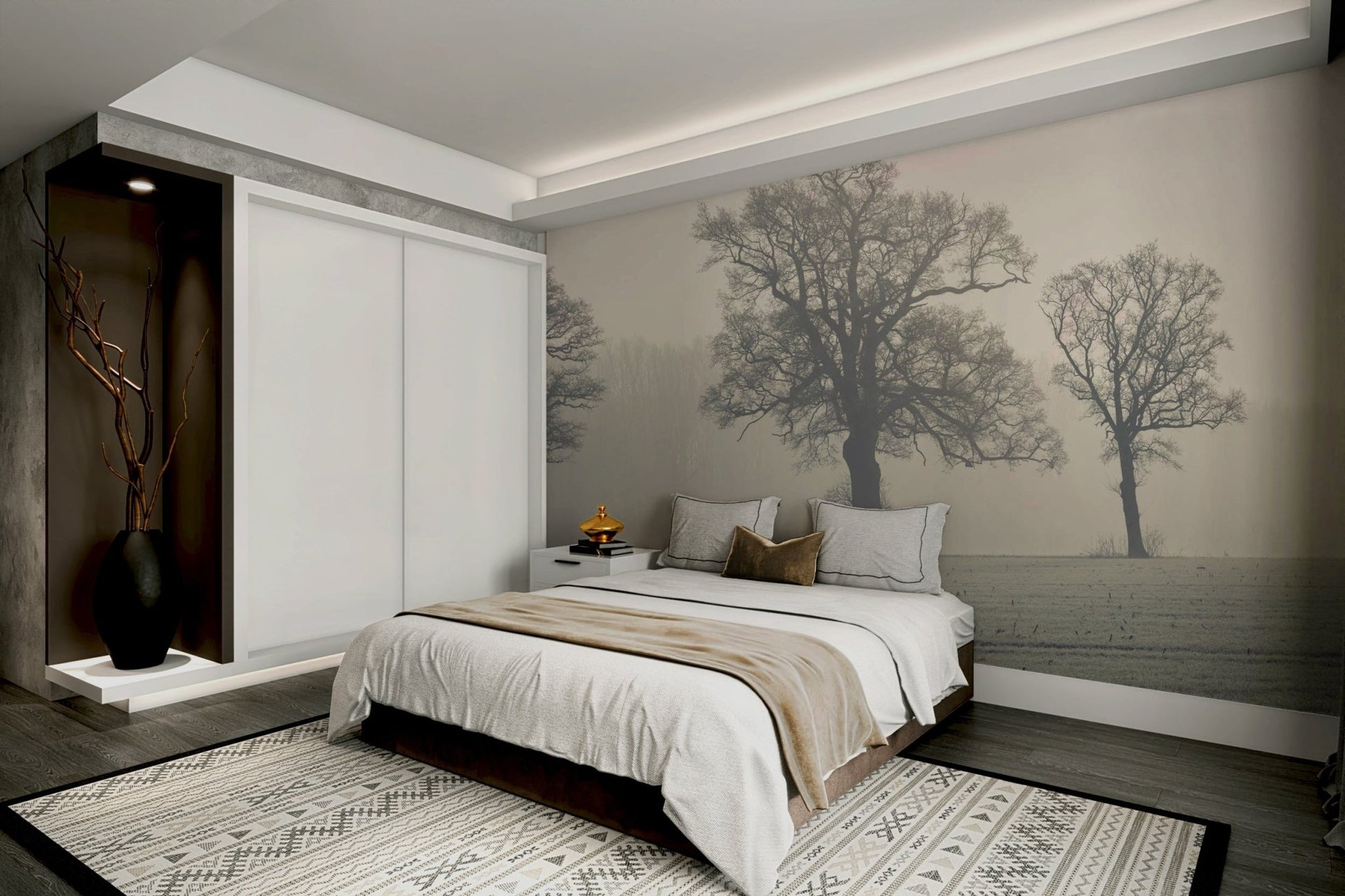 Moody forest mural with quiet, mist-filled field

