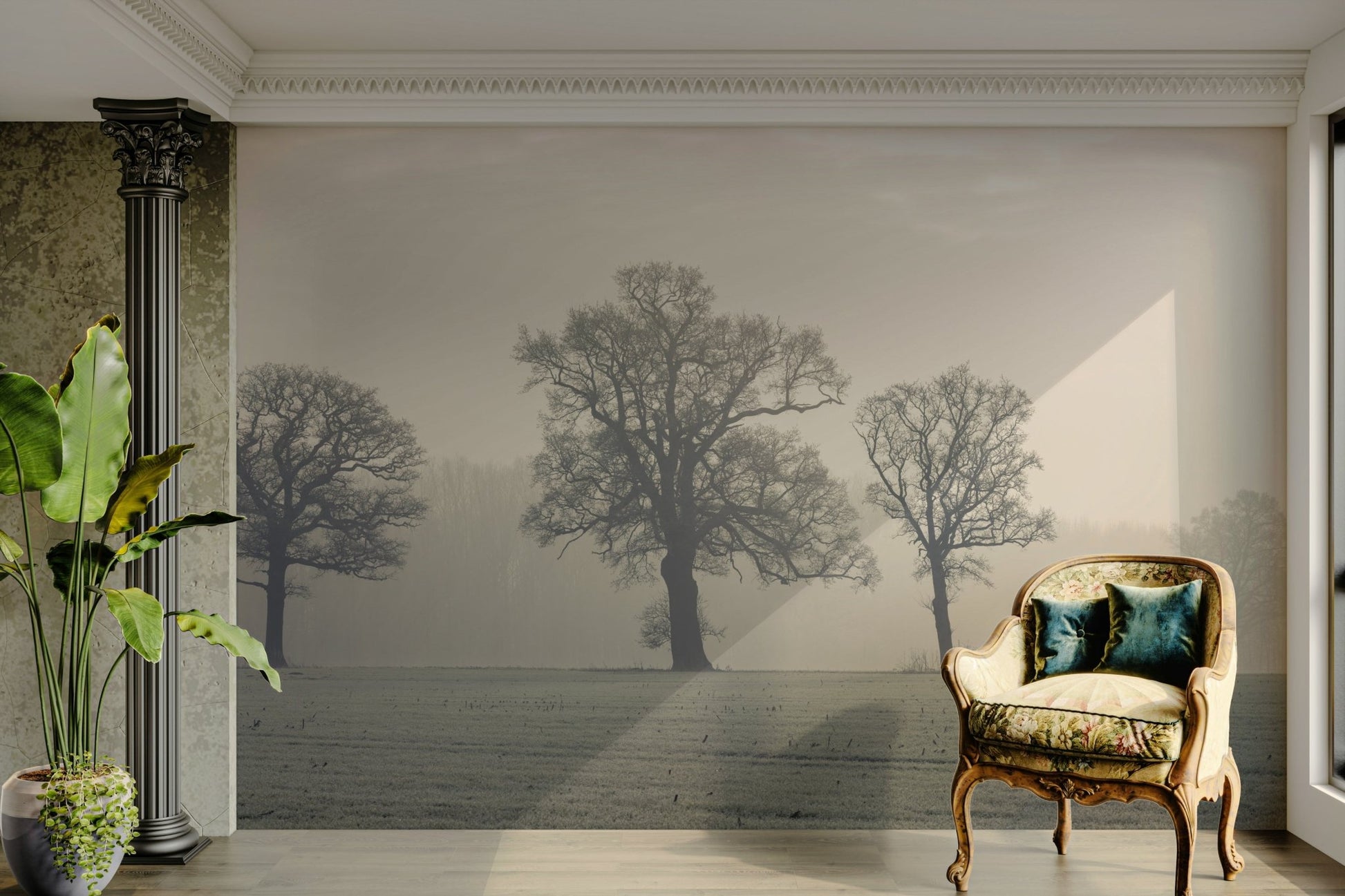 Mysterious forest scene wall mural for calming decor

