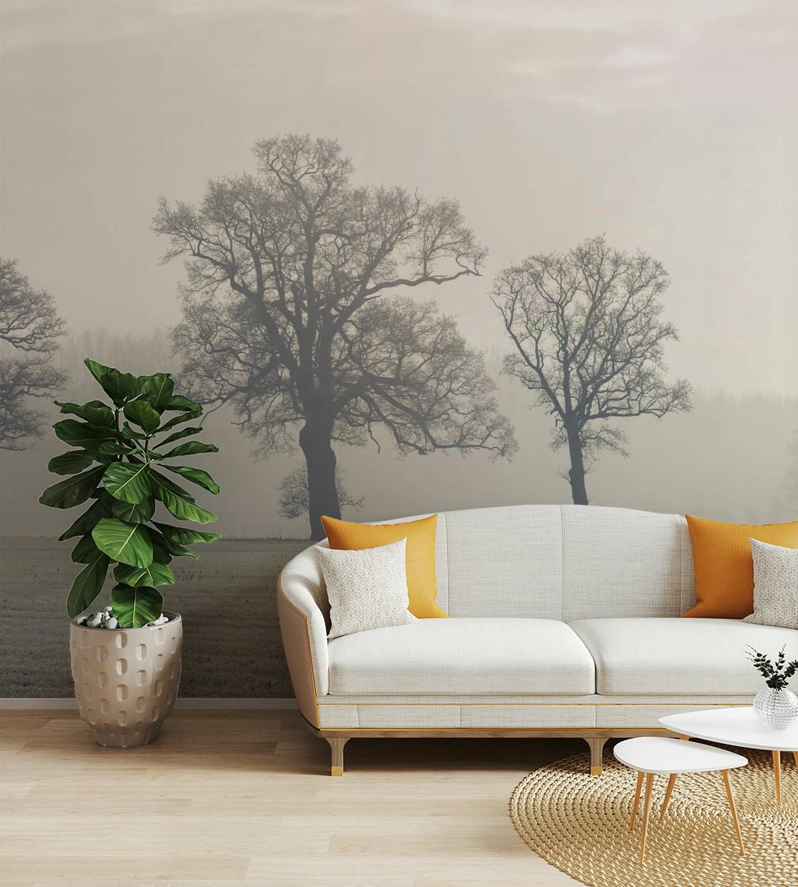 Foggy nature mural on peel and stick wallpaper for wall in a rustic dining space.
