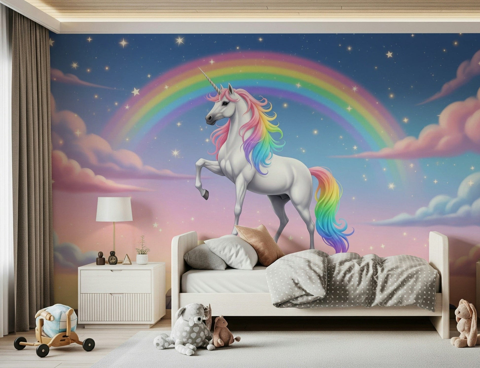 Fantasy peaks mural behind sofa, moody sky colours for modern home styling