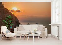 Dreamy Sunrise Cliffs coastal wallpaper mural; perfect light, inspiring seascape.