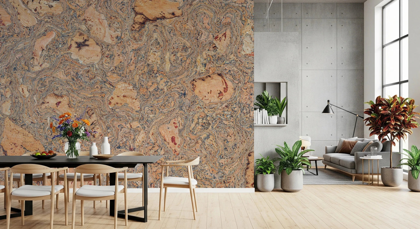 Textured Natural Cork Background Wall Mural for dining area with organic swirling grains