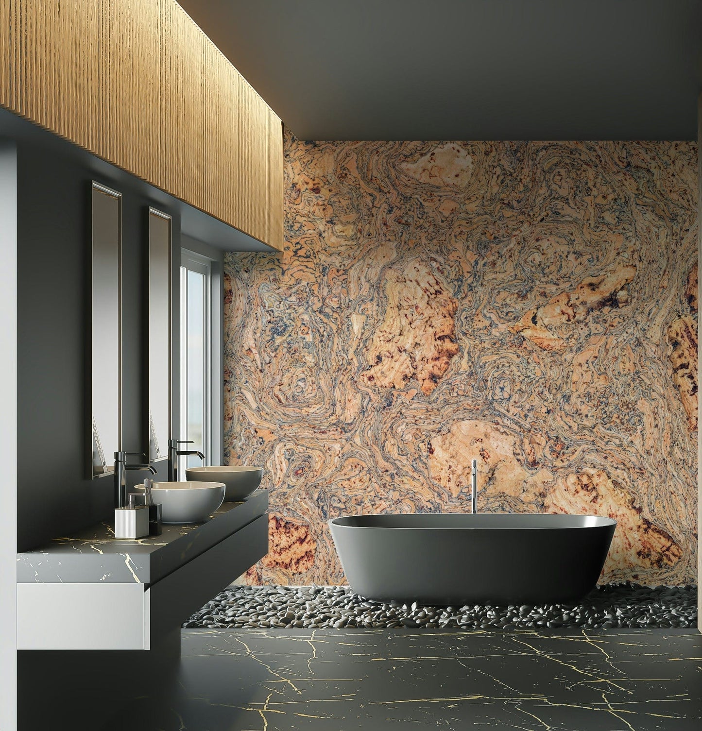 A beautiful, textured wall mural of swirling natural bark.
