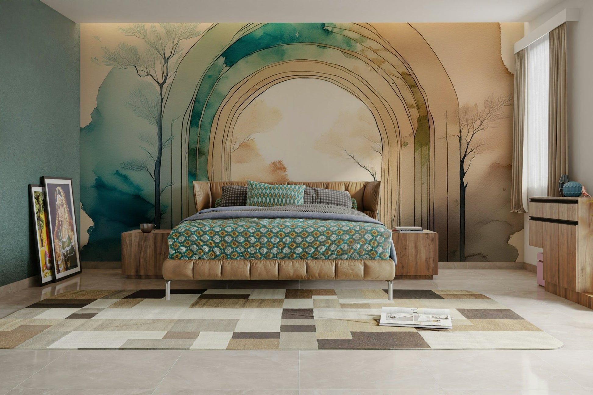 Peaceful nature-inspired portal design in the wall mural.

