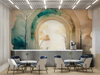 Dreamlike open portal design leading to nature in wall mural.

