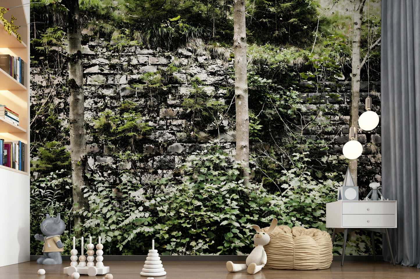 Green ivy over stone wall wallpaper in hallway, modern wall decor accent