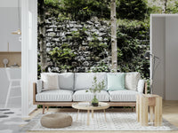 Abandoned stone wall mural in dining room, earthy color palette and daylight