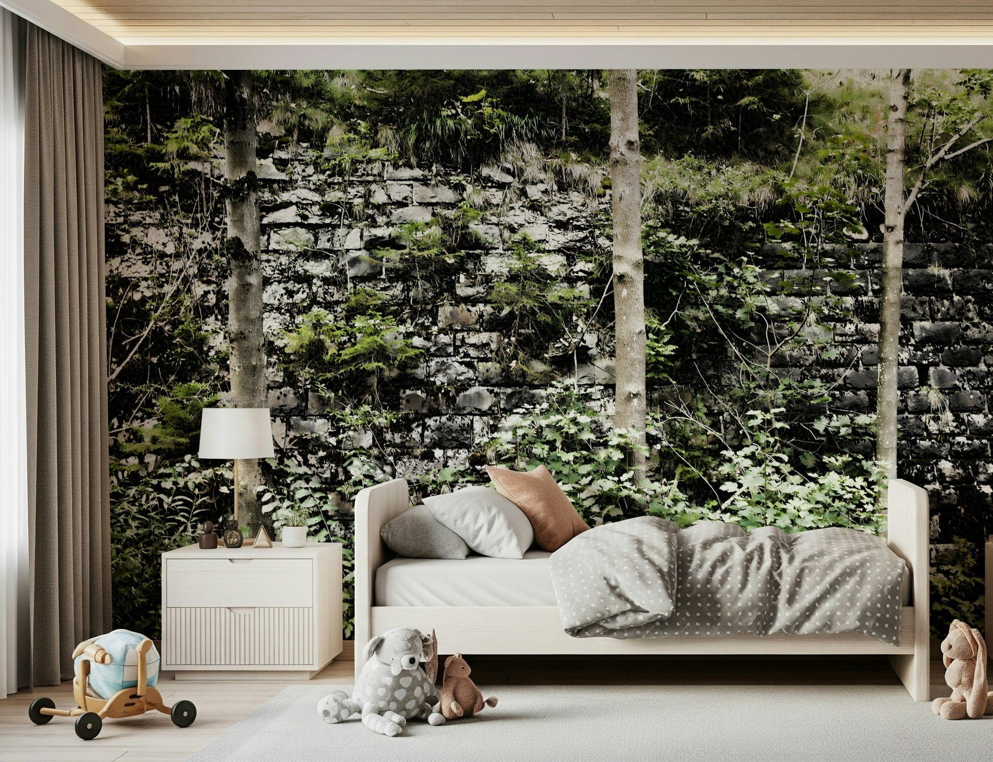 Nature stone wall mural for reading nook, soft light and textured look