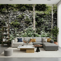 Rustic stone wall wallpaper with vines, modern home office backdrop