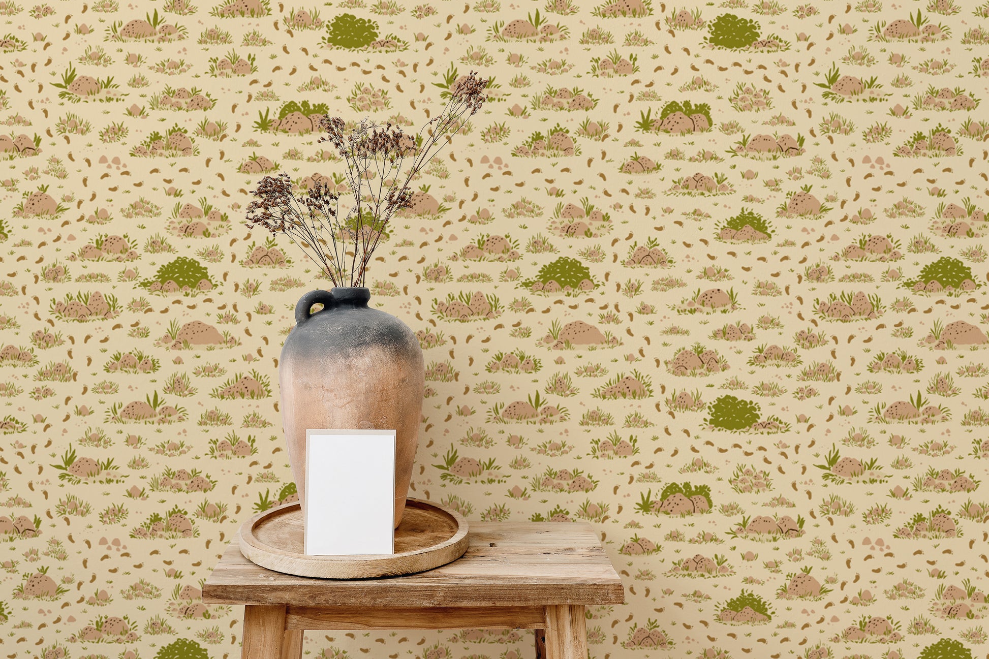 Warm brown wall mural with grassy textures.