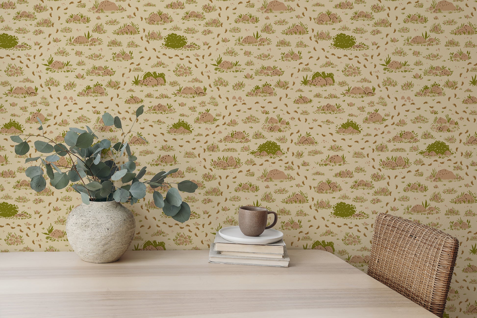 Subtle green and brown grassy wallpaper for walls.
