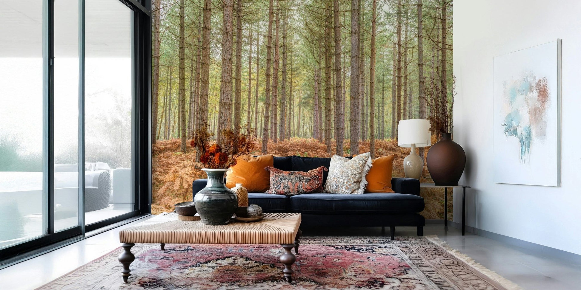 Entryway feature wall with Nature's Embrace Wall Mural, modern console styling