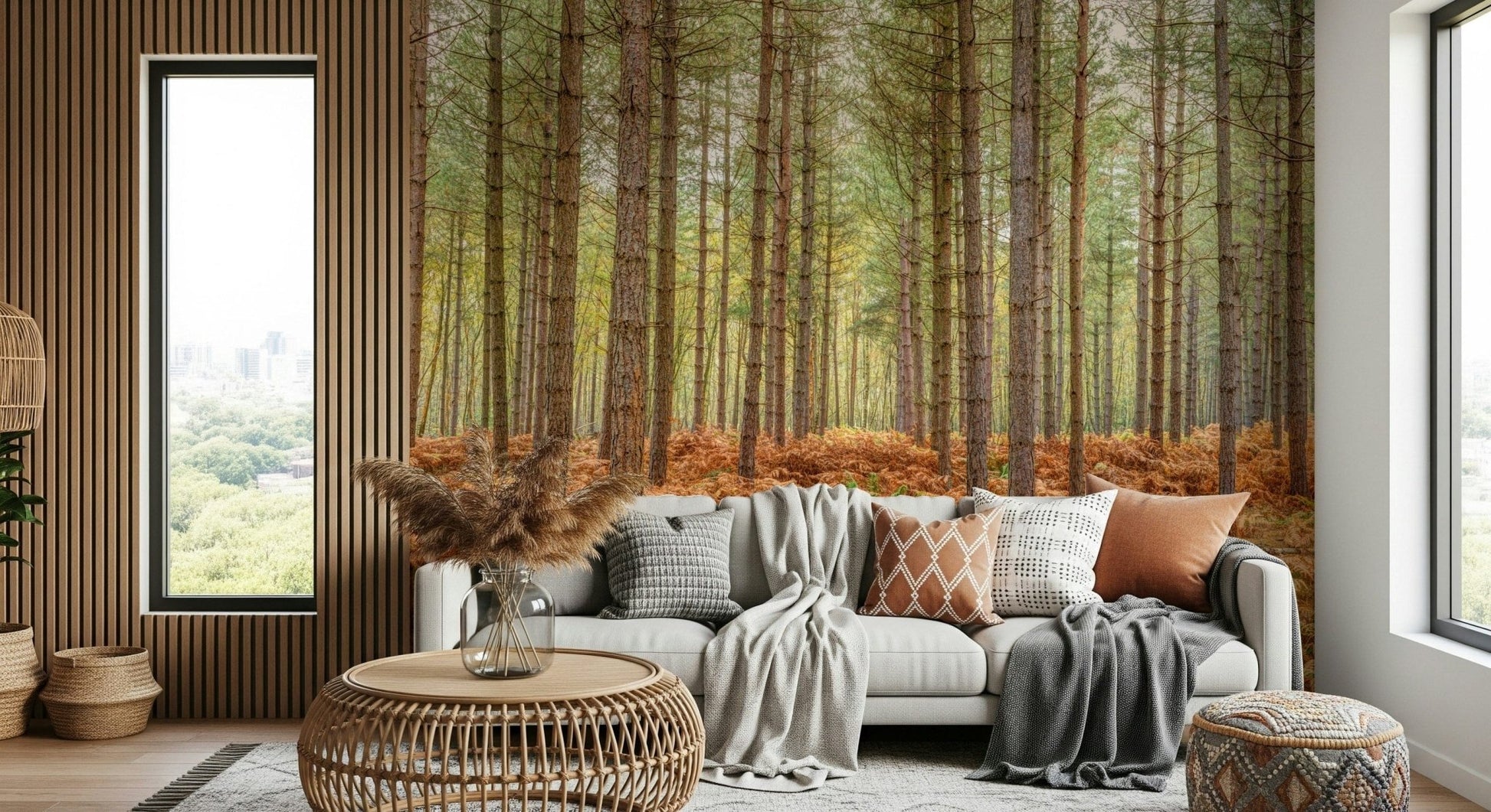 Reading nook wall mural with trees and greenery, modern chair and floor lamp