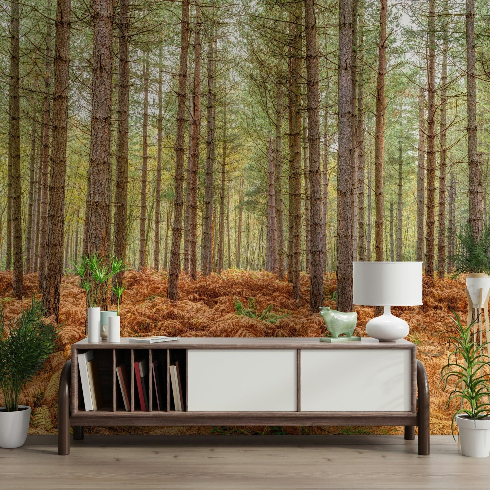 Nature-inspired wall mural behind sofa, modern wall decor in neutral living room