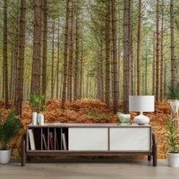 Nature-inspired wall mural behind sofa, modern wall decor in neutral living room