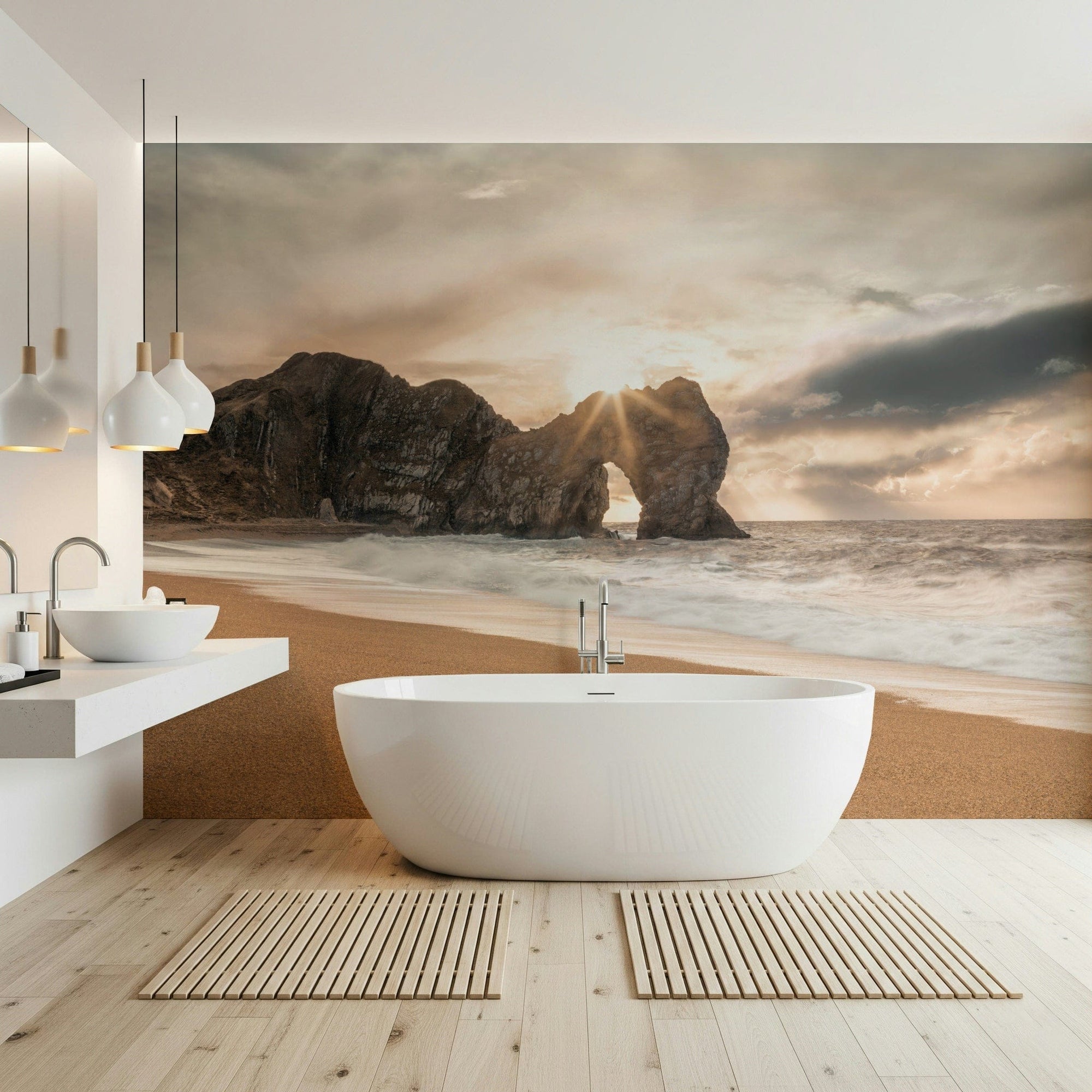 Nature's Gateway wallpaper mural of a sunset sea arch in a bathroom behind a freestanding white bathtub
