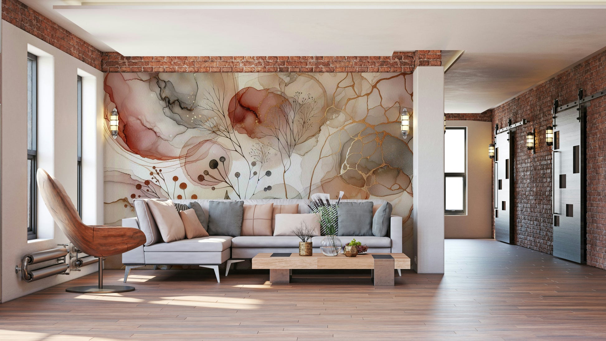 Home styling with a botanical mural in a modern master bedroom.