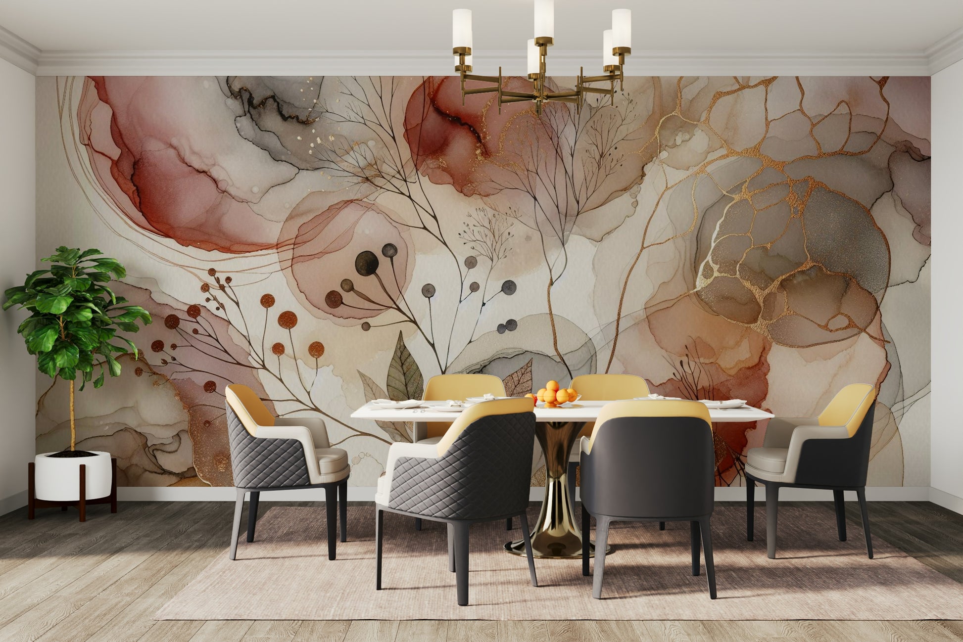 Artistic leaf pattern wallpaper in a guest room with natural light.