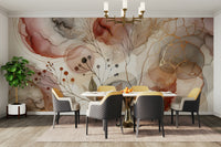 Artistic leaf pattern wallpaper in a guest room with natural light.