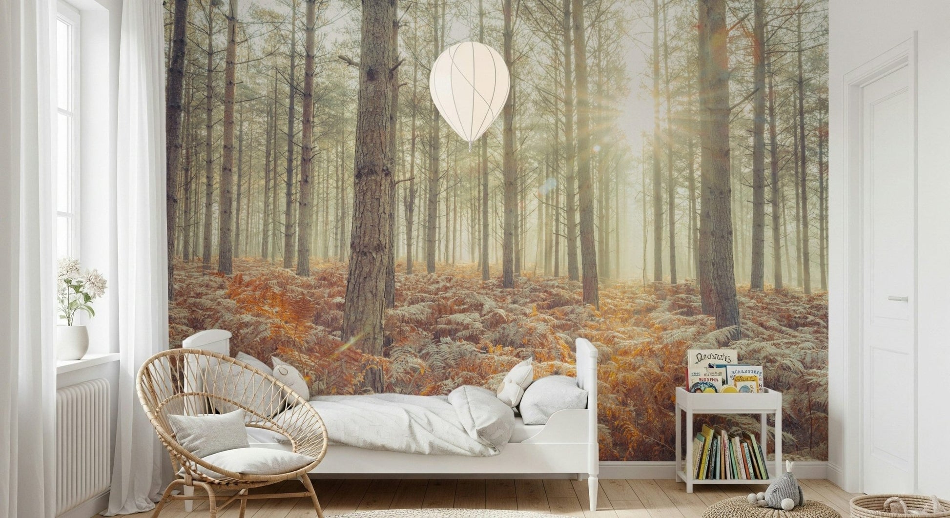 Classic woodland scene used as a backdrop for a modern lounge area.