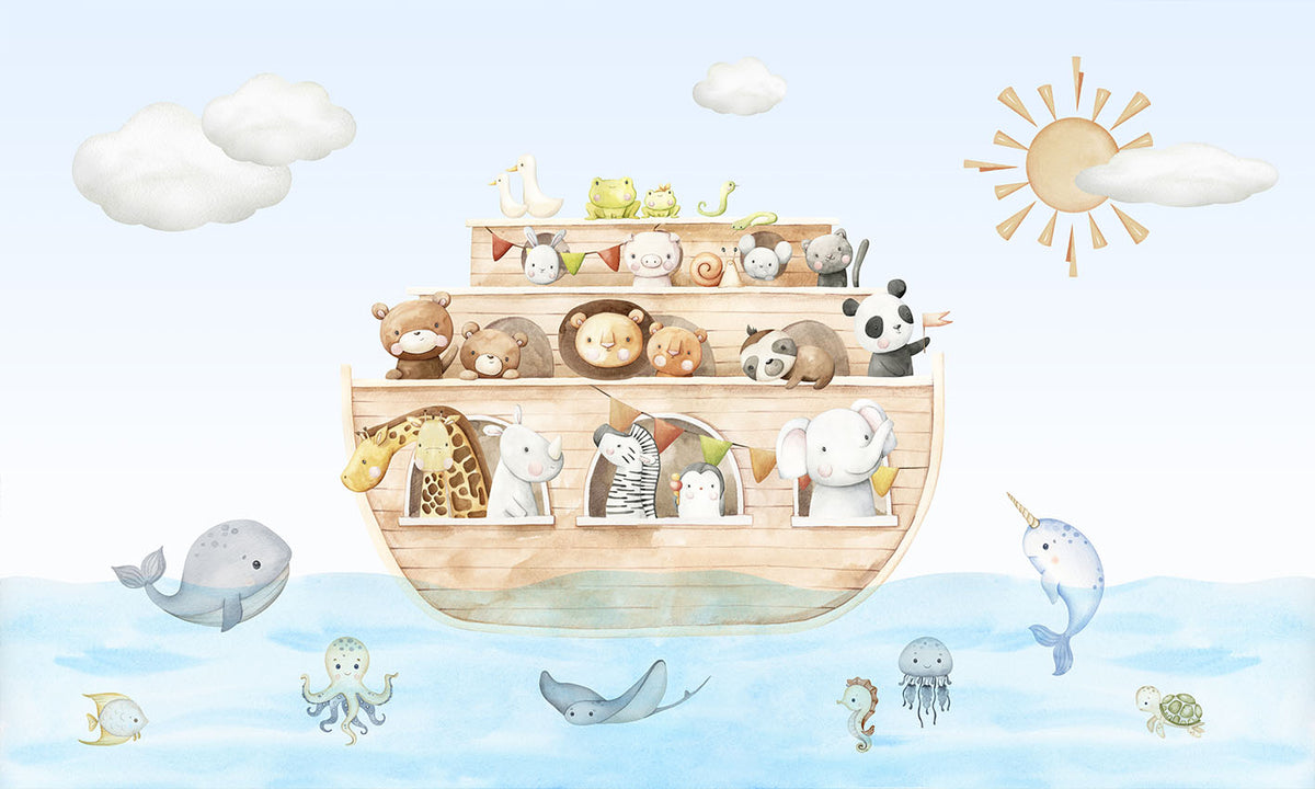 Nautical Adventure Animal Kids Wallpaper in your room — zoomed