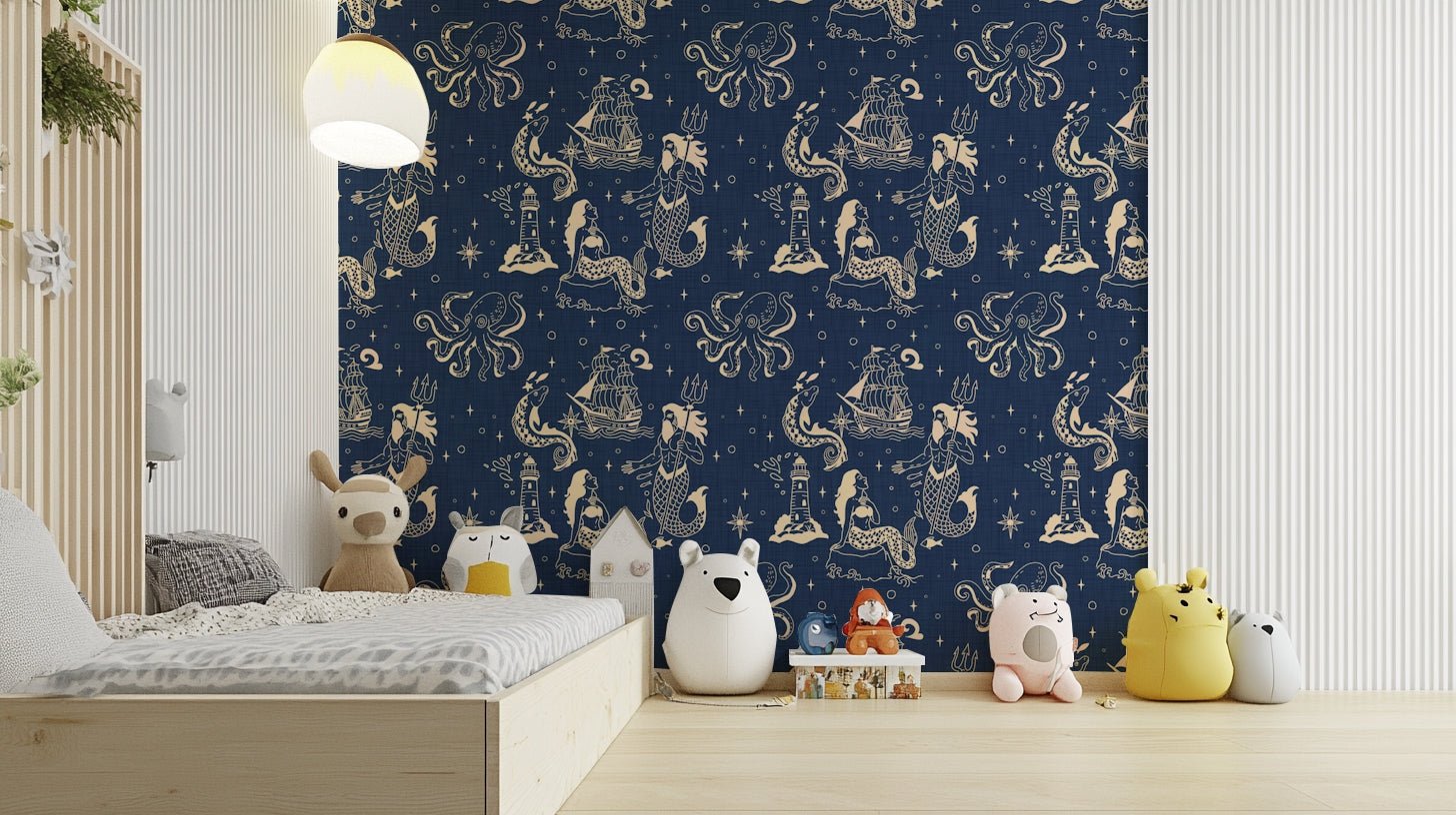Retro ocean blue wallpaper with marine sketches
