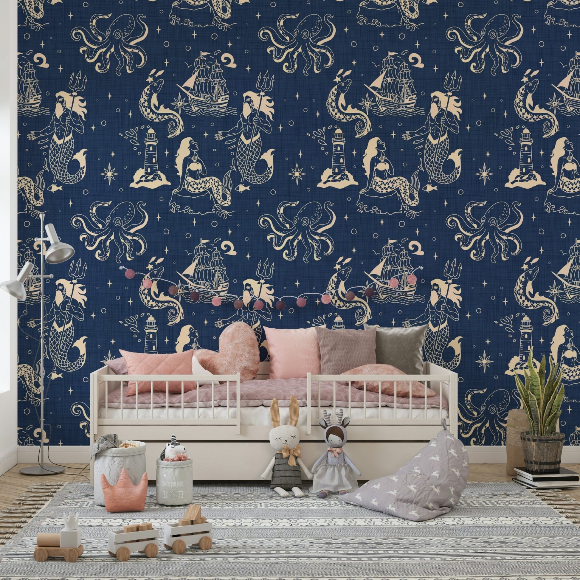 Wallpaper with ships and mythical sea life
