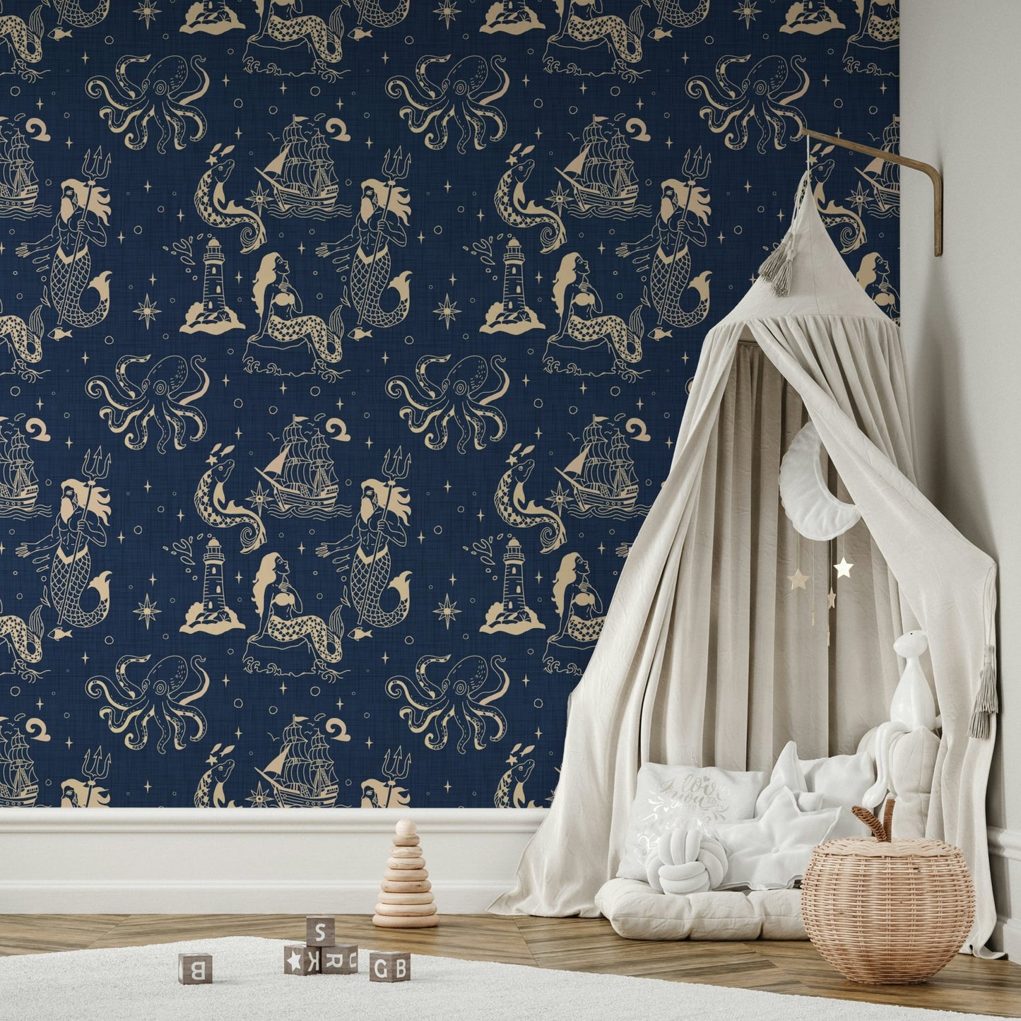 Vintage ocean-themed wall mural
