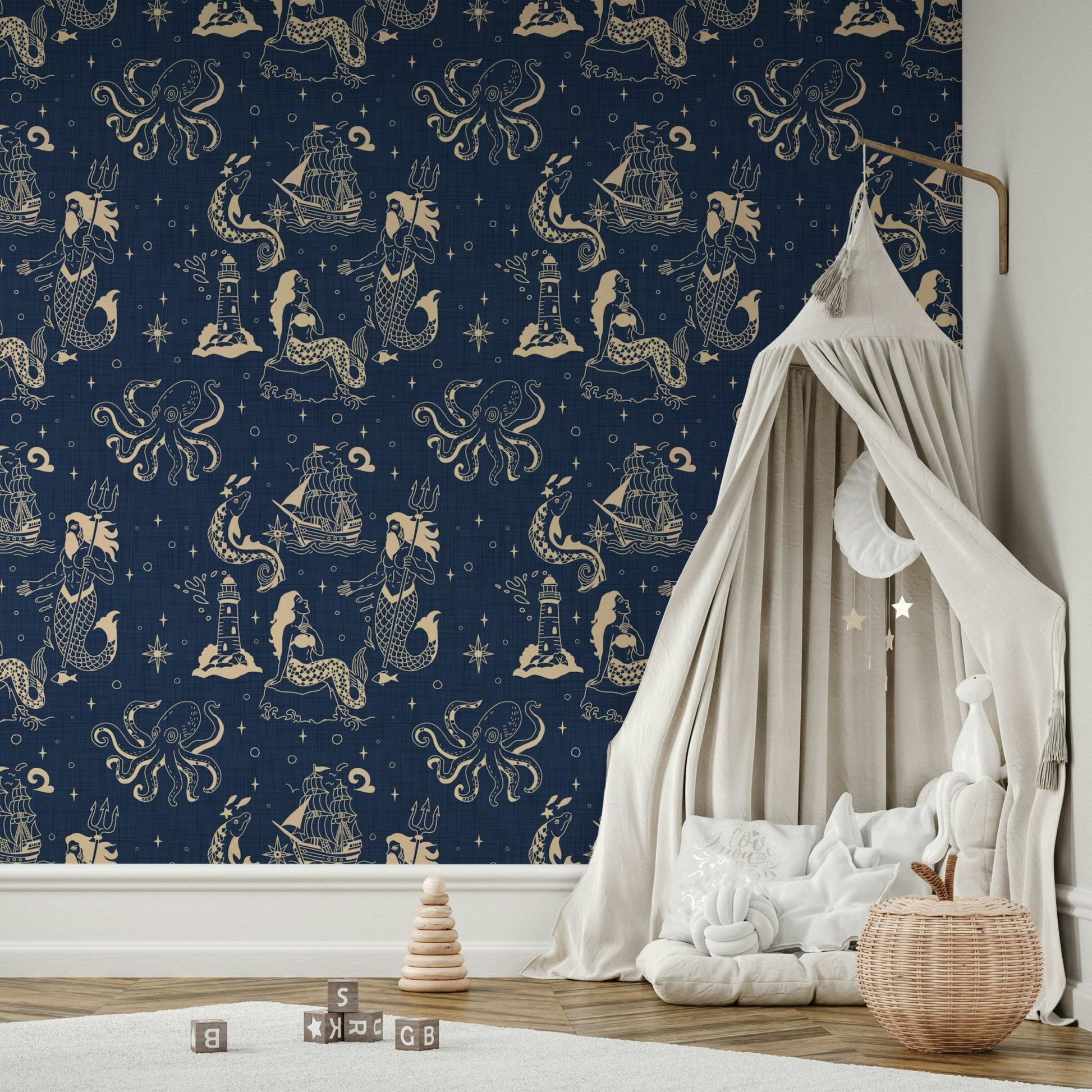 Vintage ocean-themed wall mural
