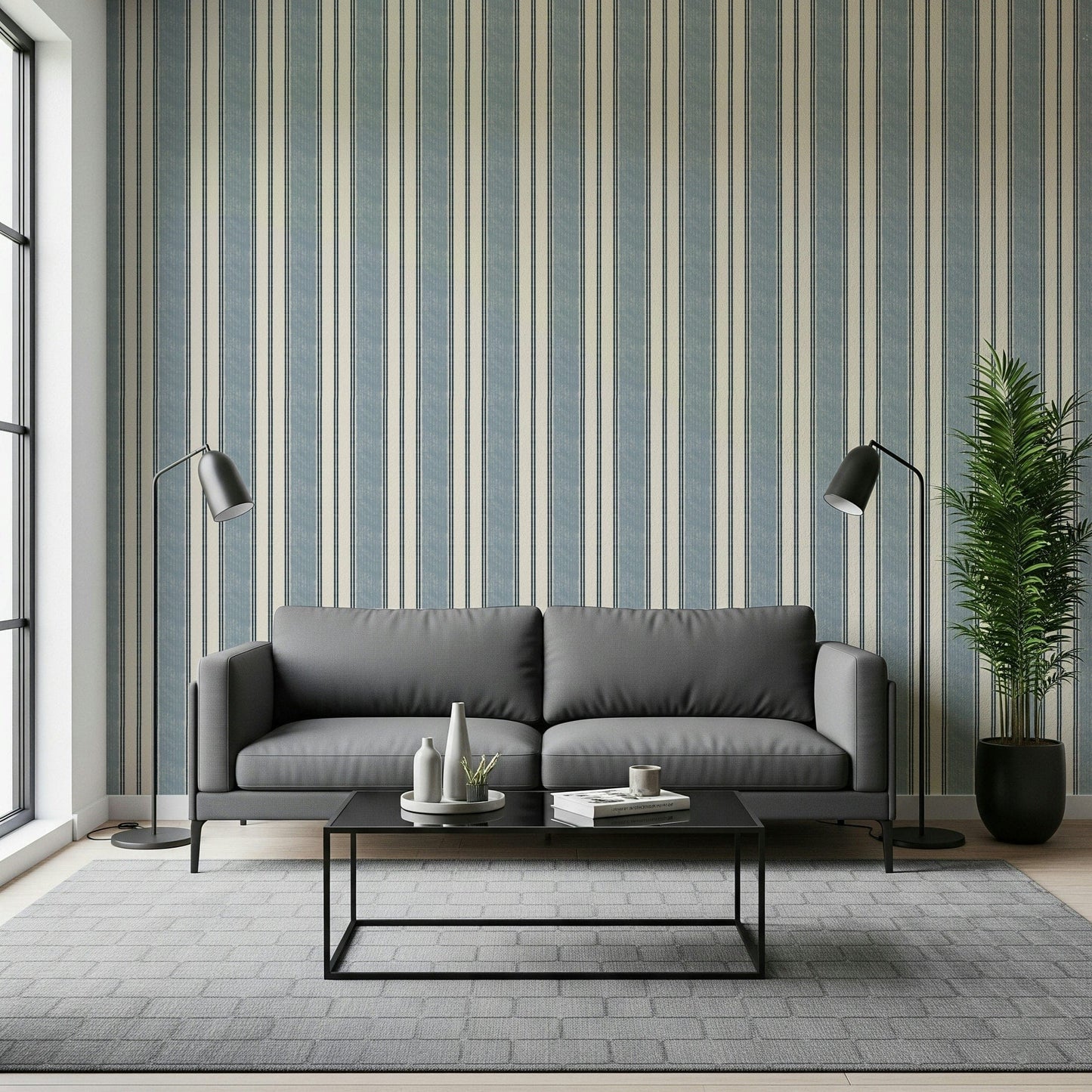 Calm nautical stripe wallpaper creating a relaxing coastal-inspired ambiance.